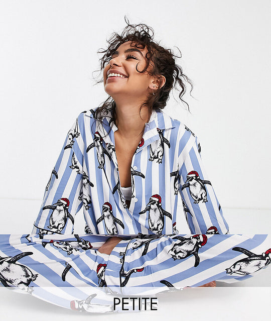 Chelsea Peers Petite christmas penguin satin in blue stripe