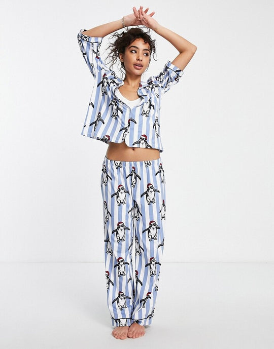 Chelsea Peers Petite christmas penguin satin in blue stripe