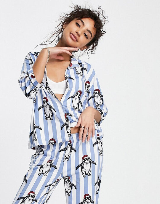 Chelsea Peers Petite christmas penguin satin in blue stripe