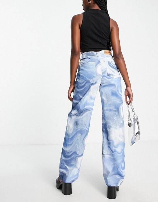 NA-KD X Josefine Simone Dahl wide leg jeans in swirl blue print