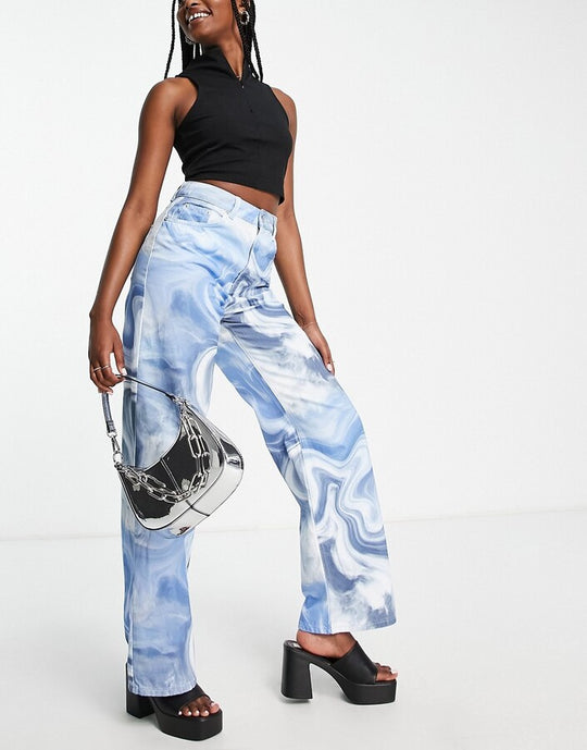 NA-KD X Josefine Simone Dahl wide leg jeans in swirl blue print