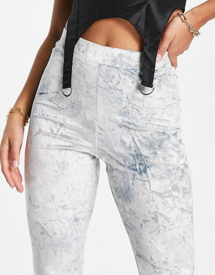 ASOS DESIGN Curve tie dye crushed velvet flare trouser in blue