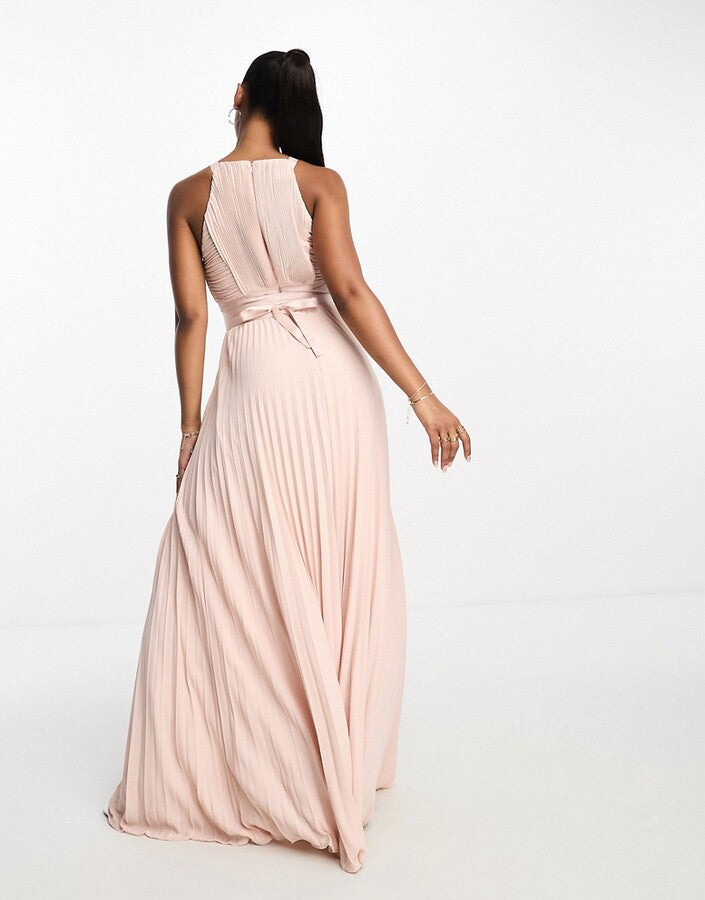 ASOS DESIGN Bridesmaid pleated pinny maxi dress with satin wrap waist in blush