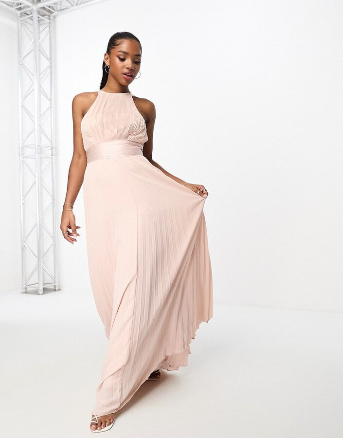 ASOS DESIGN Bridesmaid pleated pinny maxi dress with satin wrap waist in blush