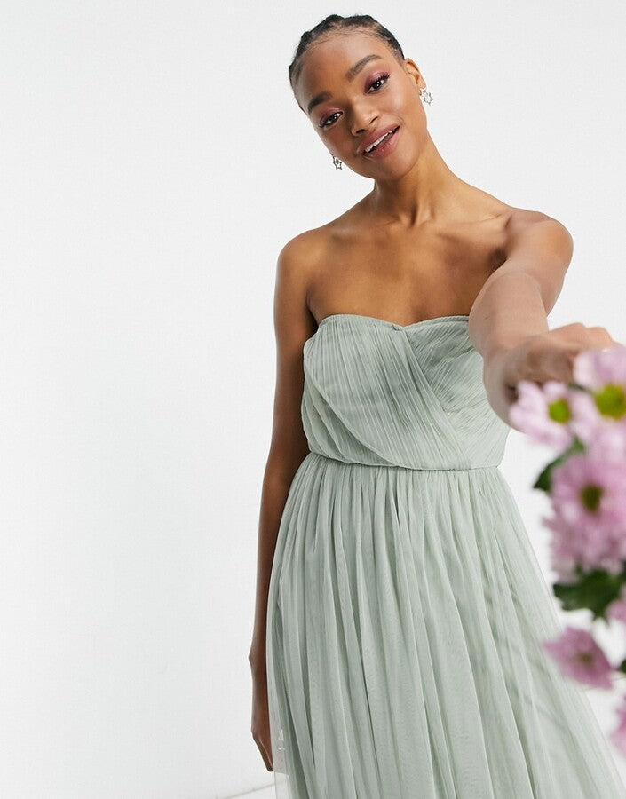 Anaya With Love – Salviagrön maxiklänning i tyll med bandeaumönster