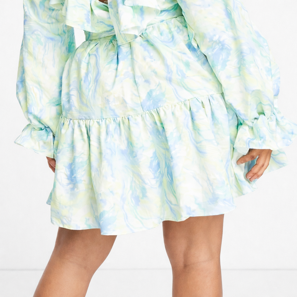 ASOS LUXE MARBLE V NECK BELTED TWILL SMOCK DRESS